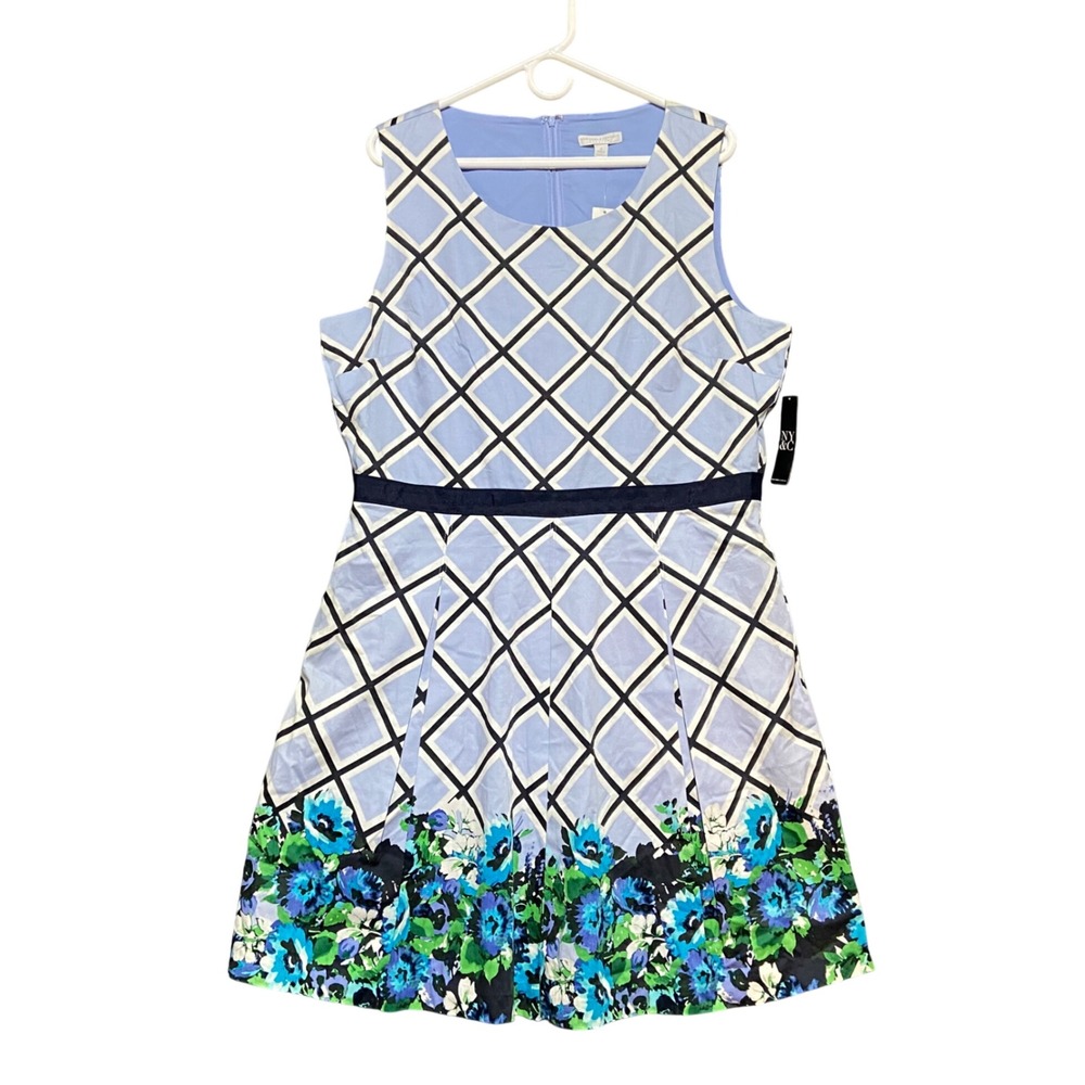 New York‎ & Company Spring Summer Floral Print Blue Dress Size 18 Pleated NWT